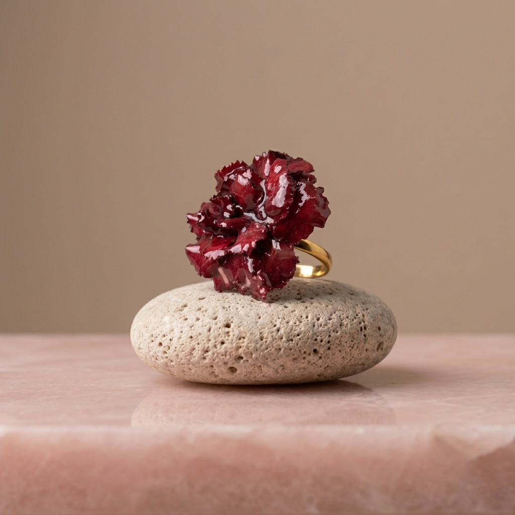 Anillo de Clavel Rojo artesanal con flor natural preservada; material: acero inoxidable