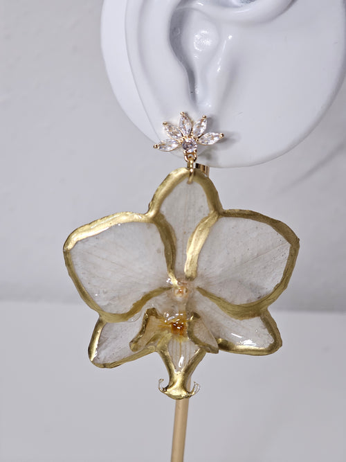 Aretes de Mini Orquídea Blanca Dorada artesanal con flor natural preservada; material: acero inoxidable, vista 2
