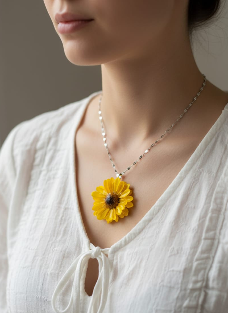 Joyería artesanal con girasol natural encapsulado