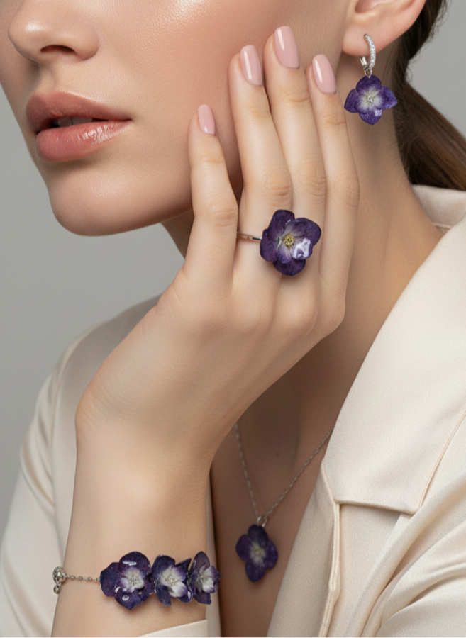 Joyería artesanal con hortensia natural encapsulada