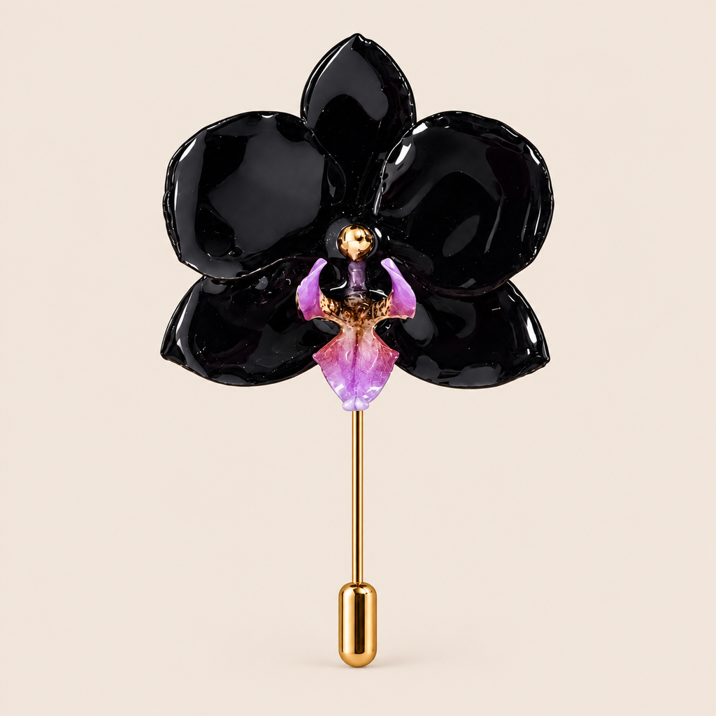 Alfiler de Solapa con Mini Orquídea Negra con Morado artesanal con flor natural preservada — ISAMOR