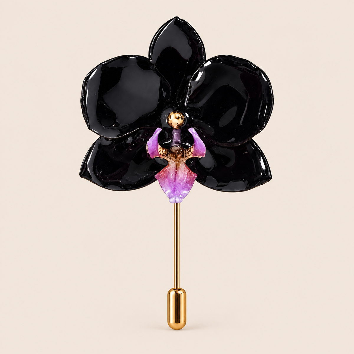 Alfiler de Solapa con Mini Orquídea Negra con Morado artesanal con flor natural preservada — ISAMOR