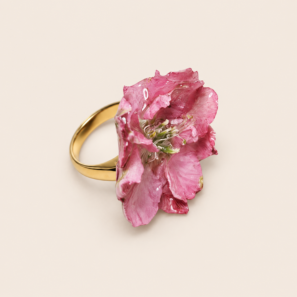 Anillo de Espuela de Caballero Rosa artesanal con flor natural preservada — ISAMOR