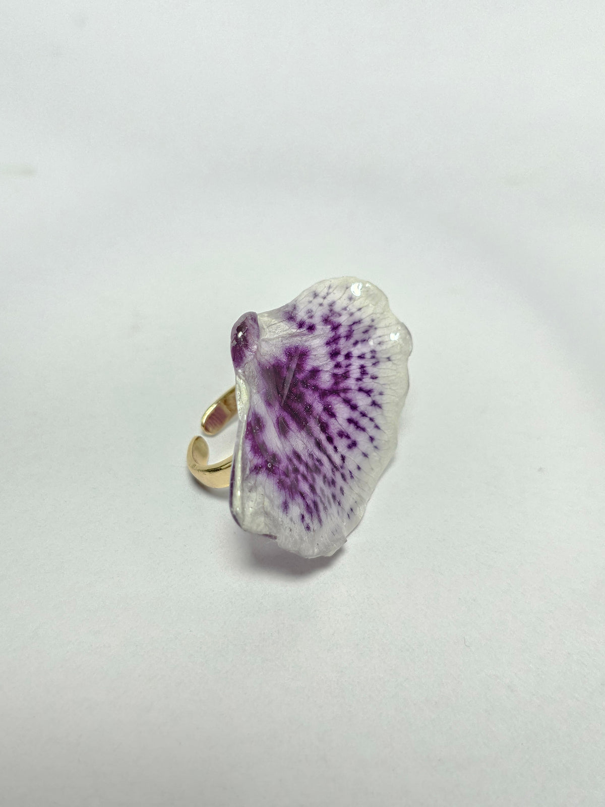 Anillo de Pétalos de Orquídea Abanico artesanal con flor natural preservada; material: acero inoxidable, vista 3