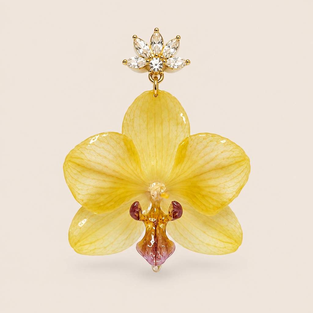 Aretes de Mini Orquídea Amarilla y Zirconia artesanal con flor natural preservada — ISAMOR