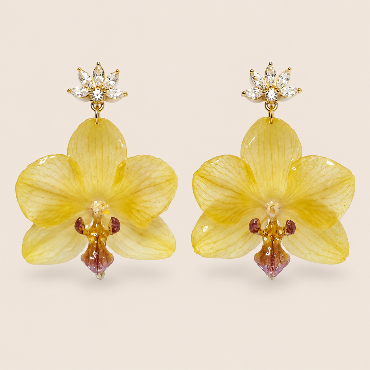 Aretes de Mini Orquídea Amarilla y Zirconia artesanal con flor natural preservada, vista alternativa — ISAMOR