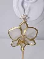 Aretes de Mini Orquídea Blanca Dorada artesanal con flor natural preservada; material: acero inoxidable, vista 2