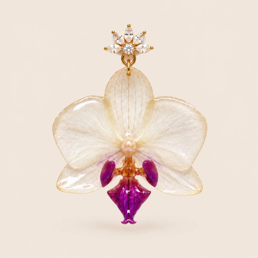 Aretes de Mini Orquídea Blanca con Morado y Zirconia artesanal con flor natural preservada — ISAMOR