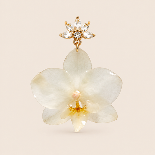 Aretes de Mini Orquídea Blanca y Zirconia artesanal con flor natural preservada — ISAMOR