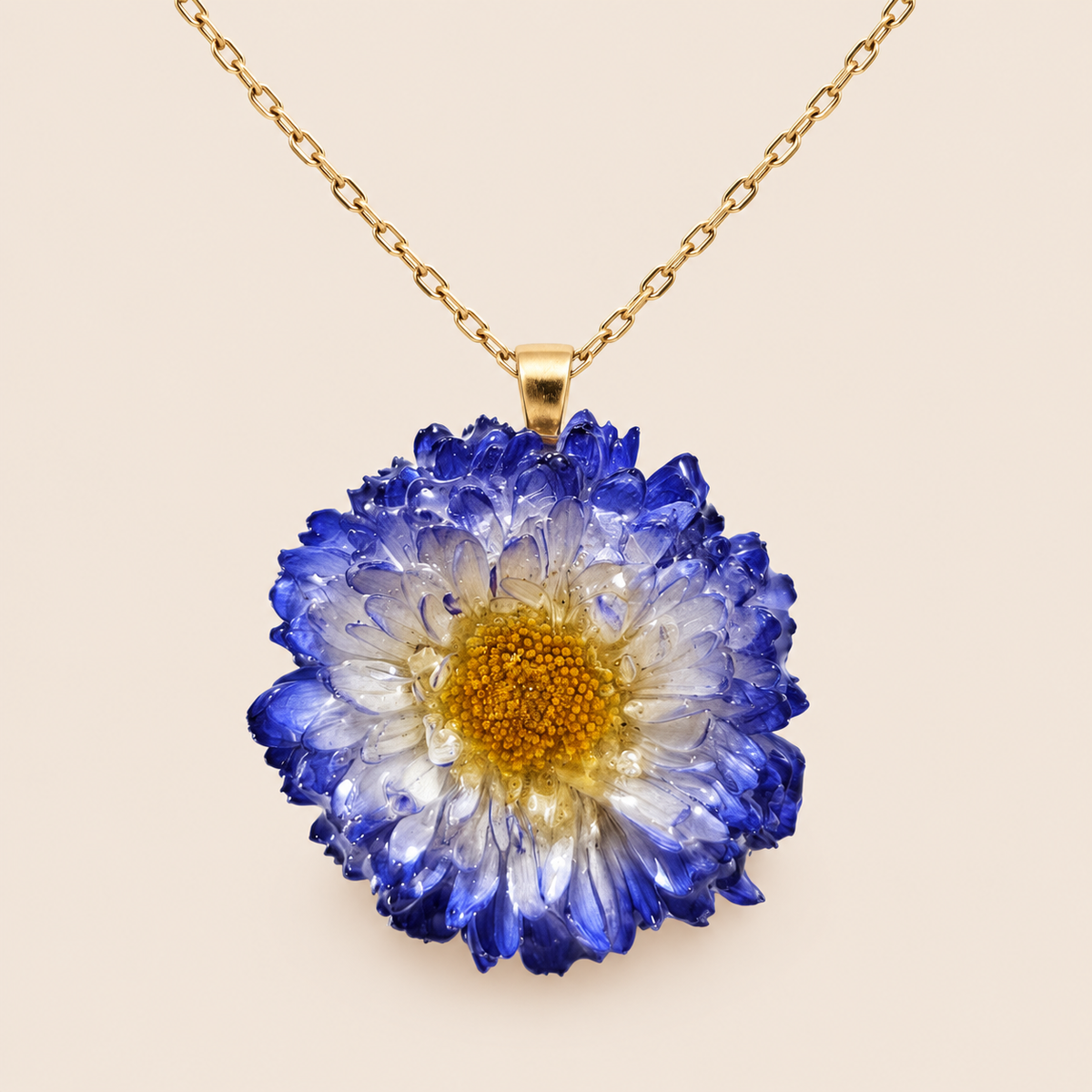 Collar con Flor de Aster Azul y Blanco artesanal con flor natural preservada — ISAMOR