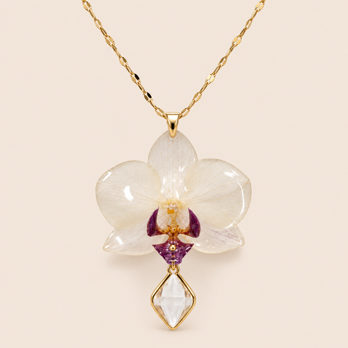 Collar de Mini Orquídea Blanca con Morado artesanal con flor natural preservada — ISAMOR