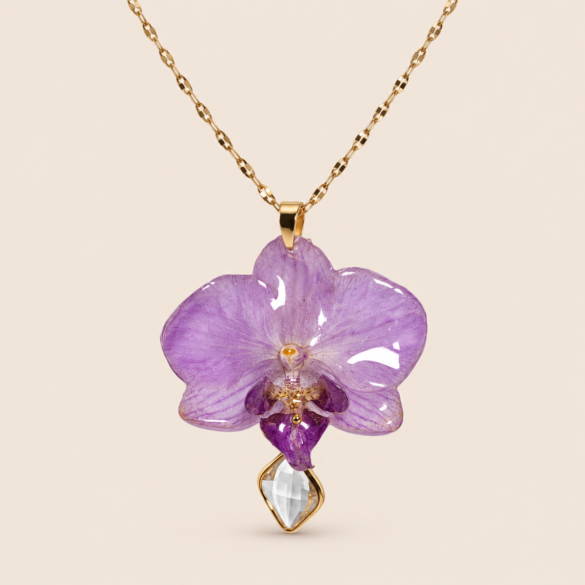 Collar de Mini Orquídea Lila artesanal con flor natural preservada — ISAMOR