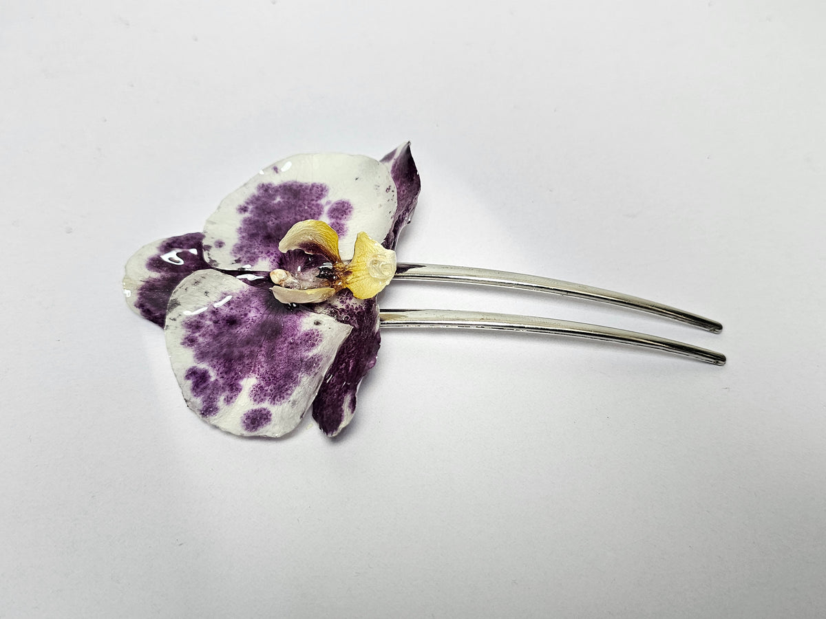 Peineta con Orquídea Vaquita artesanal con flor natural preservada; material: acero inoxidable, vista 2
