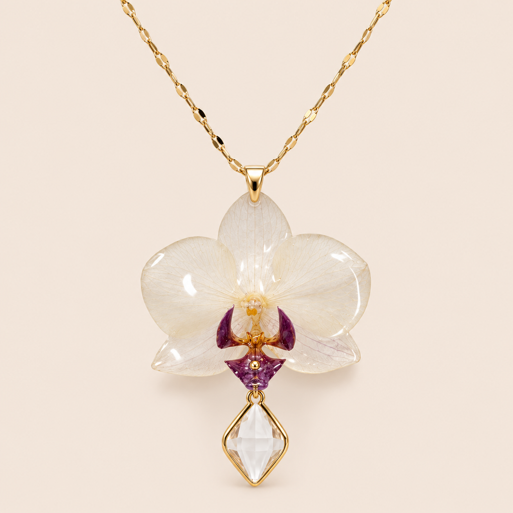 Collar de Mini Orquídea Blanca con Morado