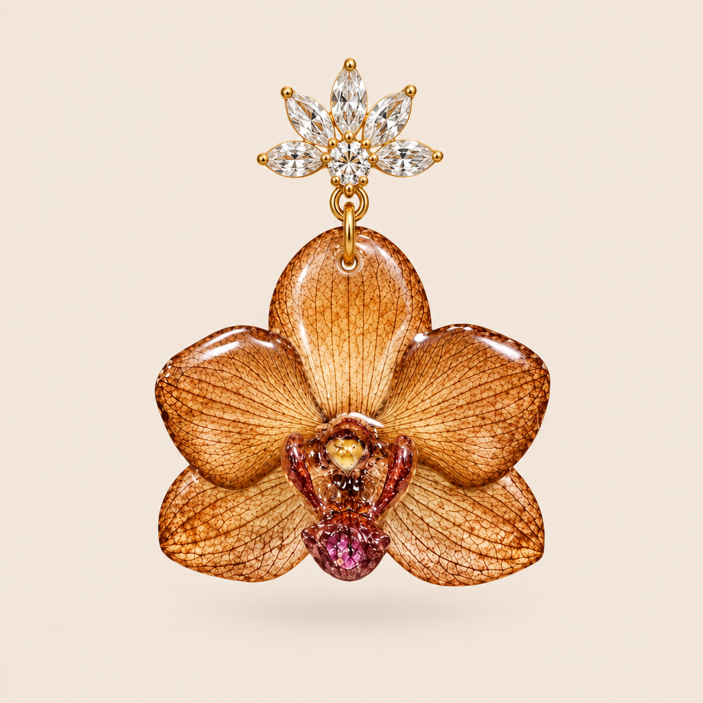 Aretes de Mini Orquídea Café y Zirconia